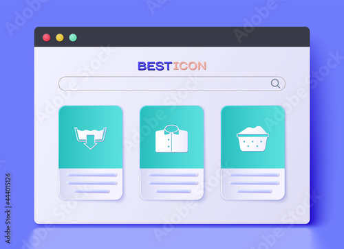 Set T-shirt, Washing modes and Basin with soap suds icon. Vector