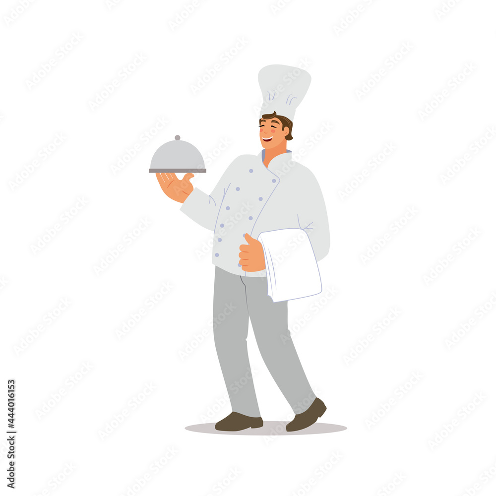 Chef with a plate and a towel. A cheerful cook takes out the food. Vector flat illustration