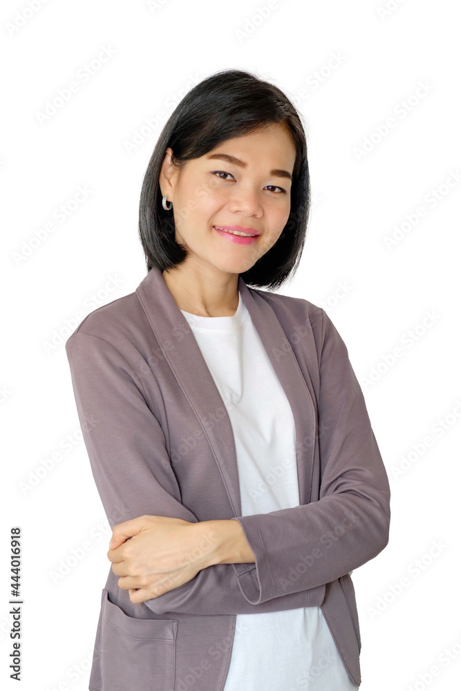 Asian business woman smile pose cross-arms isolated white background with path. Asian business woman smile pose cross-arms isolated white background with path.