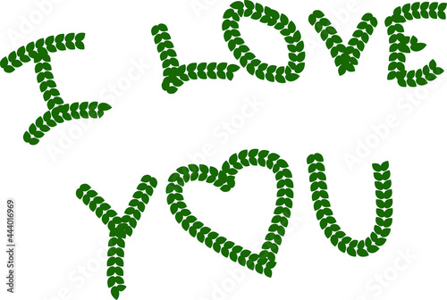 I Love You Monochrome letters made by leaves illustration on white background