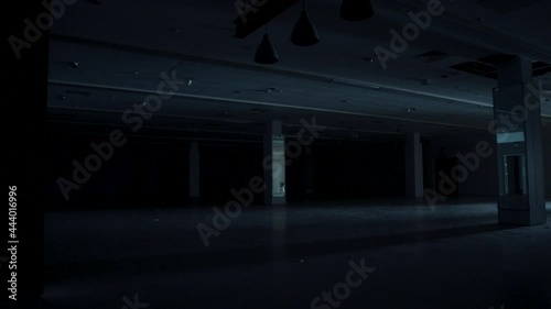 Camera pans around an abandoned dark shopping mall