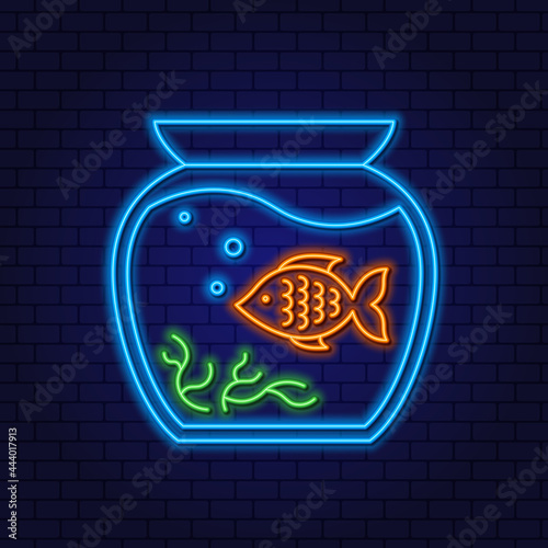 Aquarium neon sign with Goldfish, Water and Algae. Night neon sign design template for Pet shop. Glowing Vector Outline.