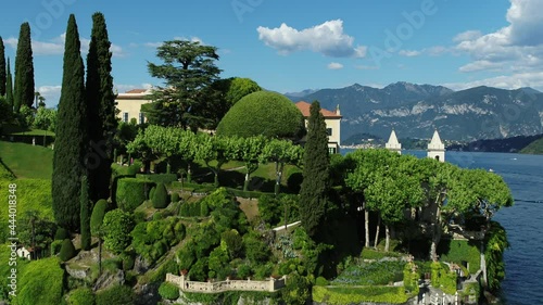 Aerial Drone Footage View Of Balbianello manor house in Como’s lakes, Lecco lake, House on bay ,in Lombardia Italy Europe Alps // no video editing
