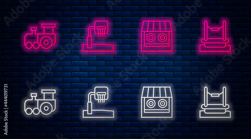 Set line Basketball backboard, Shooting gallery, Toy train and Bungee. Glowing neon icon on brick wall. Vector