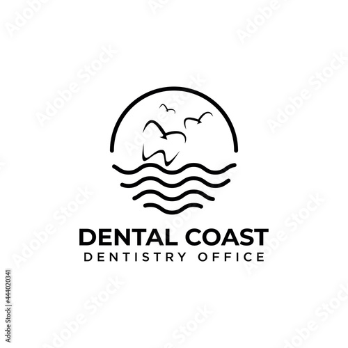 Dental Coast  logo,  vintage modern line art seagull  wave and sun vector