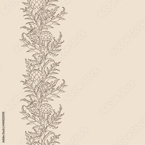 vertical seamless pattern, artichoke buds with leaves, menu decoration, for frame or border, color vector illustration with sepia contour lines on a creamy background in a hand drawn style