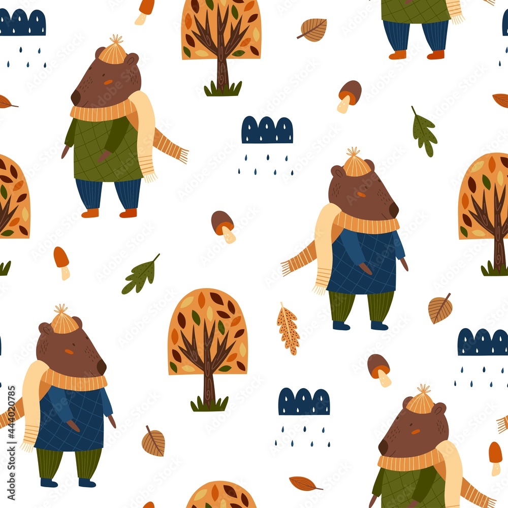 Seamless pattern with funny bear. Modern fall seasonal decor. Endless background for fabric, textile, kids design. Hand drawn vector illustration.