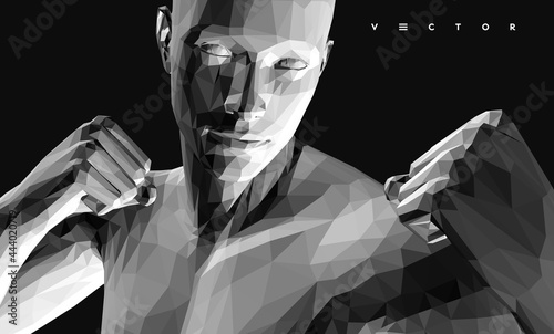 Boxer standing in pose and ready to fight. Sport symbol. Concept of will win or power of spirit. 3D vector illustration.
