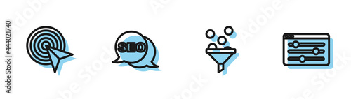Set line Lead management, Target, SEO optimization and Browser setting icon. Vector