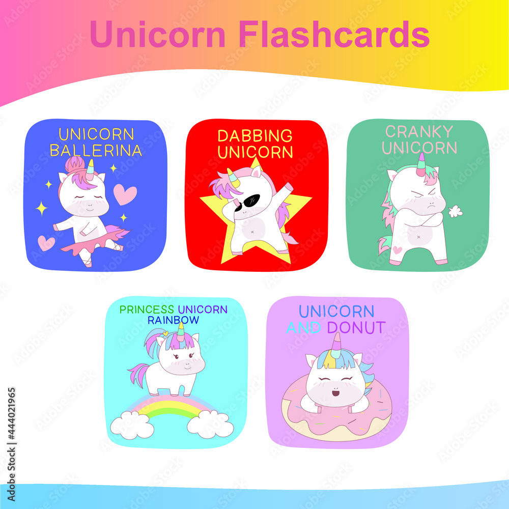 Unicorn Flashcards for Children. Cute flashcards for children. Unicorns collections flashcards. Printable game cards. Vector illustration.