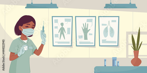 Girl doctor holding a syringe on the background of the interior of a hospital or clinic. Black female nurse in uniform holds a syringe with coronavirus vaccine. Cartoon vector illustration, banner