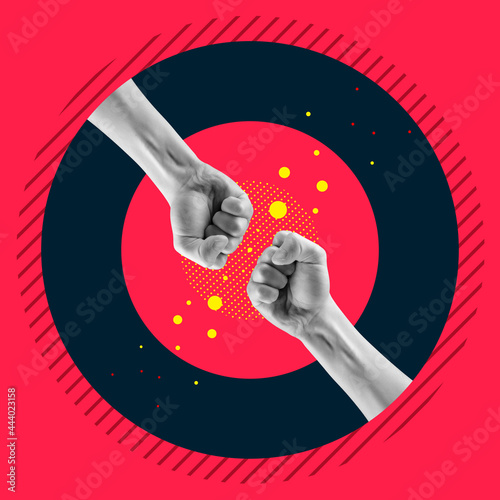 Art collage. Human arms with clunched fists in black circle on red background. Design and creativity concept photo