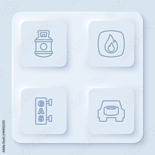Set line Propane gas tank, Fire flame, Gas filling station and Spare wheel the car. White square button. Vector