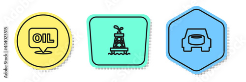 Set line Word oil, Oil rig and Spare wheel in the car. Colored shapes. Vector