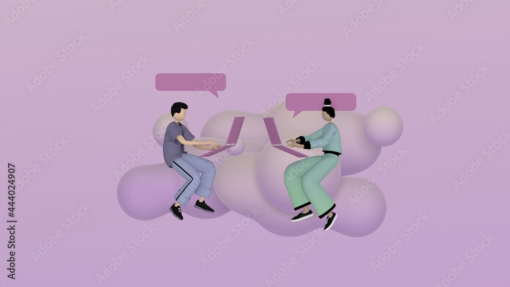 Man and woman with chat message bubble, trendy 3d illustration, 3d rendering.