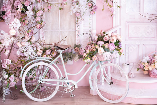 Wallpaper Mural pink background. retro bike with flowers near the porch, threshold. romantic postcard Torontodigital.ca