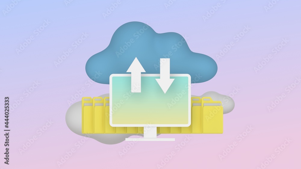 File downloading from cloud, trendy 3d illustration, 3d rendering.