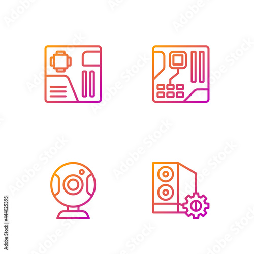 Set line Case of computer, Web camera, Motherboard digital chip and . Gradient color icons. Vector