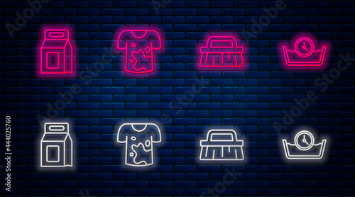 Set line Dirty t-shirt, Brush for cleaning, Laundry detergent and Time wash. Glowing neon icon on brick wall. Vector