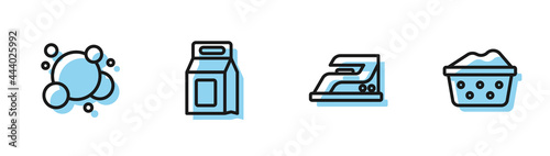Set line Electric iron, Soap water bubbles, Laundry detergent and Basin with soap suds icon. Vector