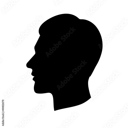 Silhouette of a male head in profile on a white background. Black head of a young man.