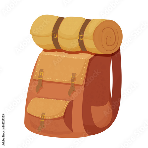Camping backpack, knapsack with sleeping bag in cartoon style isolated on white background. Bag for activity, retro accessory. Casual equipment. Vector illustration