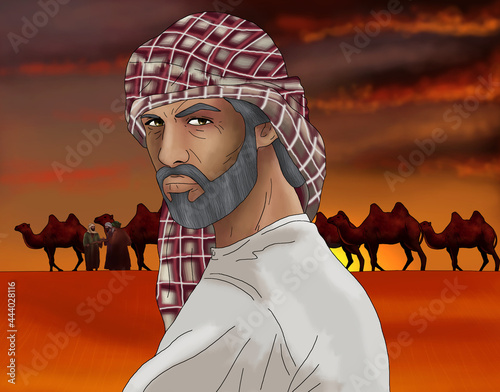 turbaned man and camels in the desert