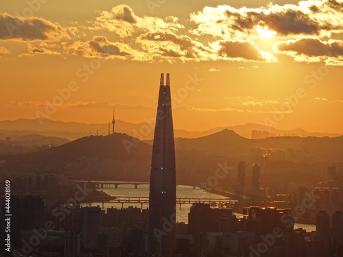 Seoul Lotte World and Namsan seen at dusk photo