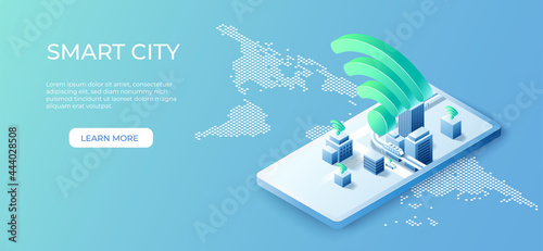 3D isometric building on urban city  background. Digital technology with smart city concept. Vector art illustration