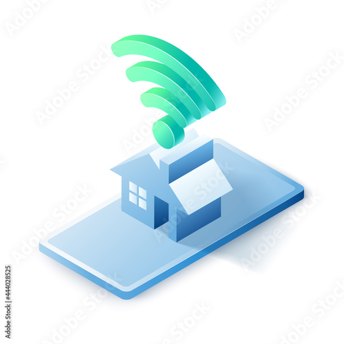 3D Isometric smart house icon with wireless symbol. Smart home building technology concept. vector art illustration.