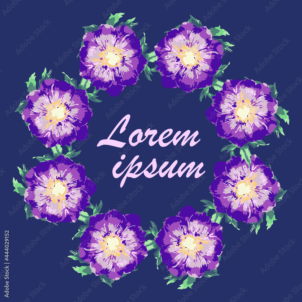 Vector wreath. Purple and blue. Spring border with flowers and text in the middle