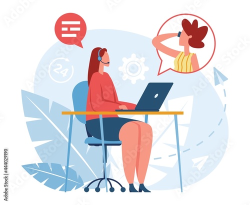 Hotline operator. Call center worker in headset talking to client. Customer service, online consultant, technical support vector concept. Company assistant at helpdesk consulting user