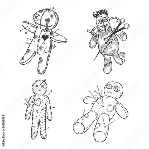 Voodoo doll set line art sketch engraving vector illustration. T-shirt apparel print design. Scratch board imitation. Black and white hand drawn image.