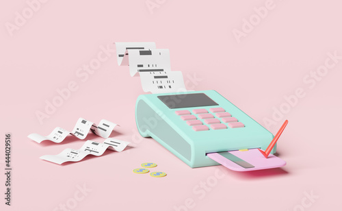 payment machine or pos terminal, electronic bill payment and credit card with invoce or paper check receipt,coin isolated on pink  background ,3d illustration or 3d render photo