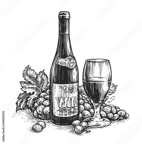 Bottle of wine wwith a glass and grapes. Winery, alcoholic drink in engraving style. Sketch vector illustration photo