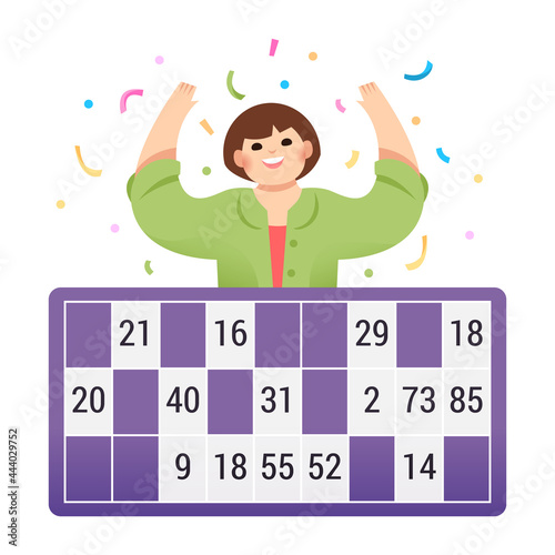Loto tombola bingo numéro grille carton gagner femme confetti joie chance jouer