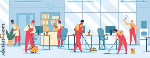 Office cleaning. Team of professional cleaners mopping floor, vacuuming, wiping window. Janitors in uniform clean office vector illustration. Characters dusting plants and furniture