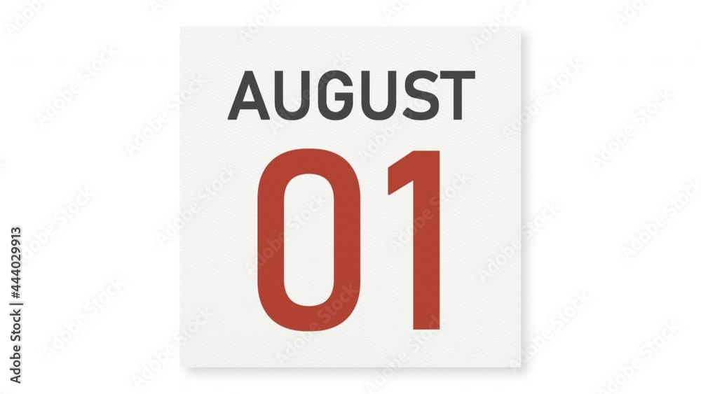 August 1 date behind torn page of a calendar, 3d animation August 1 date behind torn page of a calendar, 3d animation
