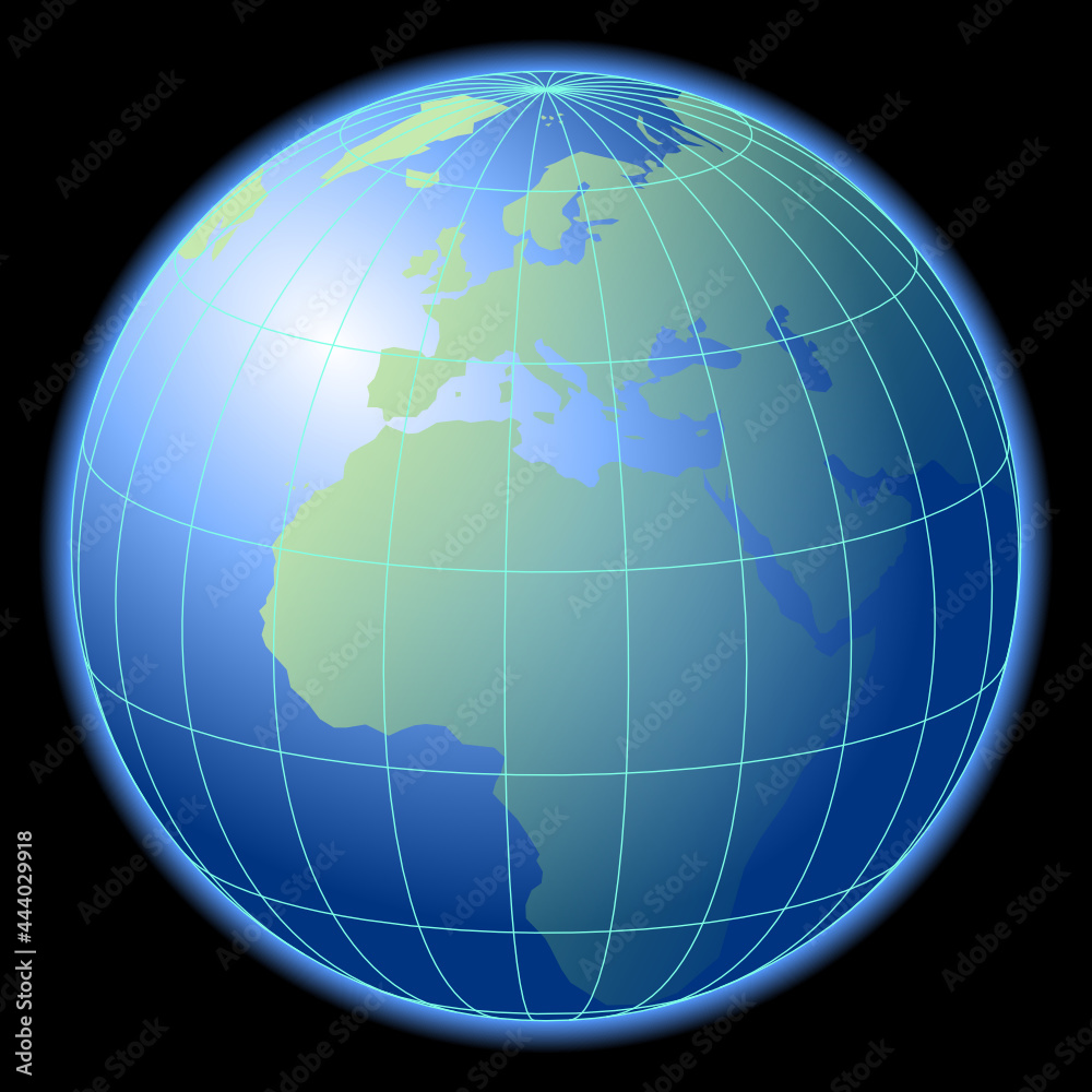 Schematic illustration of globe with latitude and longitude lines on a