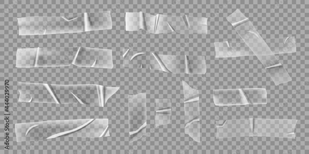 Vecteur Stock Transparent adhesive tapes. Realistic wrinkled tape, crumpled clear  plastic sticky stripes. Scotch pieces, sticker labels vector set. Ripped  glue element for photo and paper fixture | Adobe Stock