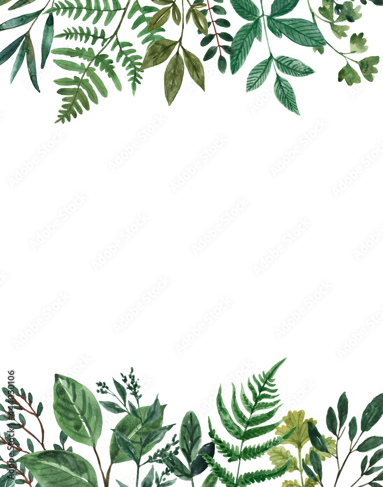 Watercolor greenery, herbs and green leaves botanical frame. Greeting card template, invitation design. Floral border with white background. Watercolor greenery, herbs and green leaves botanical frame. Greeting card template, invitation design. Floral border with white background.