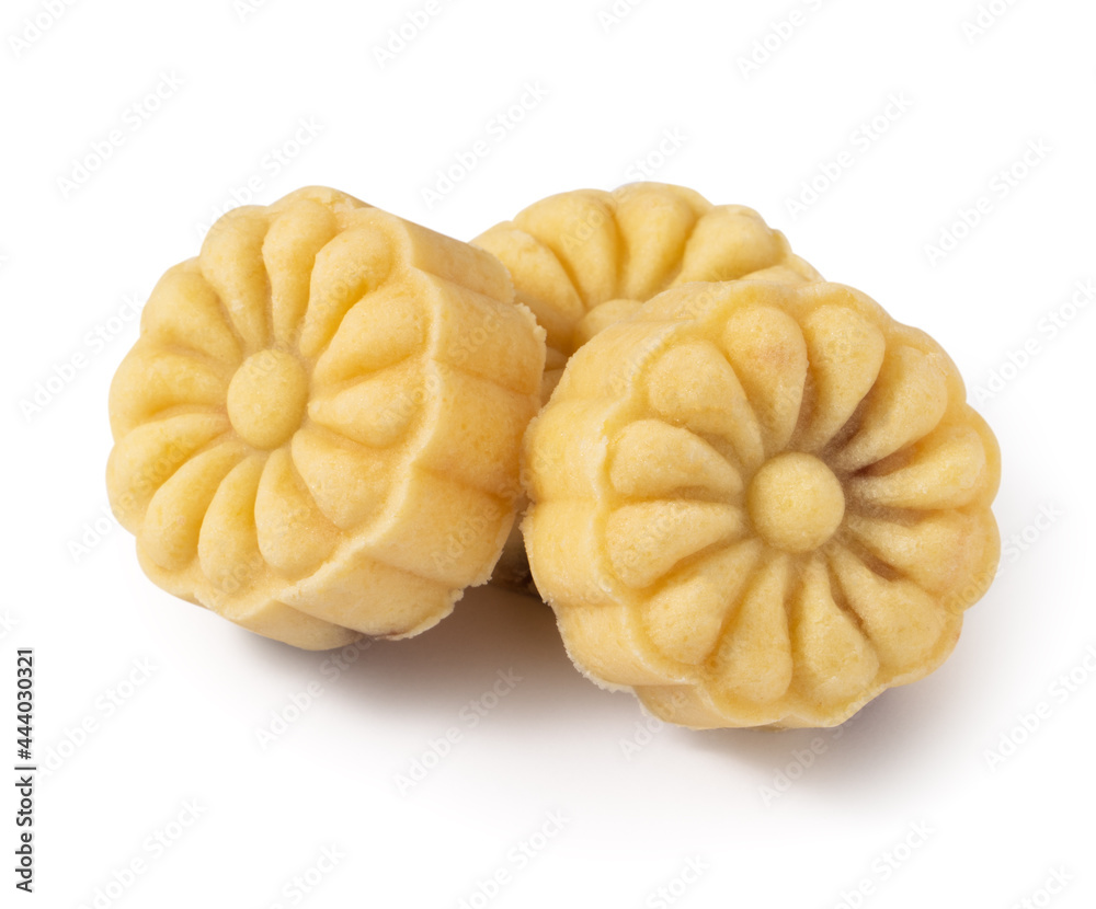 Delicious mung bean cake for Mid-Autumn Festival food isolated on white table background.