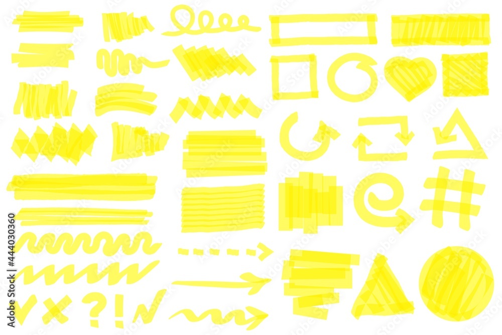Highlighter strokes. Yellow marker lines, strokes, arrows, frames, circles, checkmarks. Hand drawn permanent markers doodle elements vector set. Stripes, geometric shapes and arrows - obrazy, fototapety, plakaty 