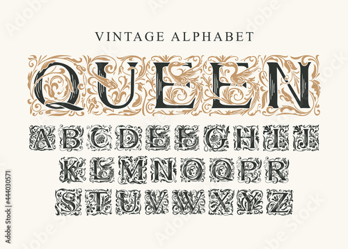 The word Queen. Vintage Alphabet, vector set of hand-drawn ornate initial alphabet letters on a light background. Luxury design of Beautiful royal font for card, invitation, monogram, label, logo