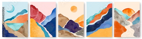 Watercolor landscape poster. Abstract minimalist painting with mountains. Wall art posters with watercolor texture nature elements vector set. Trendy contemporary artworks with sunset and moon © Frogella.stock