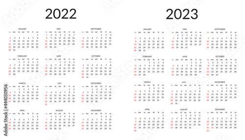 Calendar for 2022 and 2023. Vector illustration on white background.