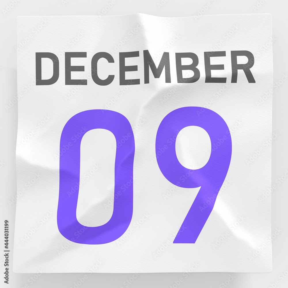 December 9 date on crumpled paper page of a calendar, 3d rendering December 9 date on crumpled paper page of a calendar, 3d rendering