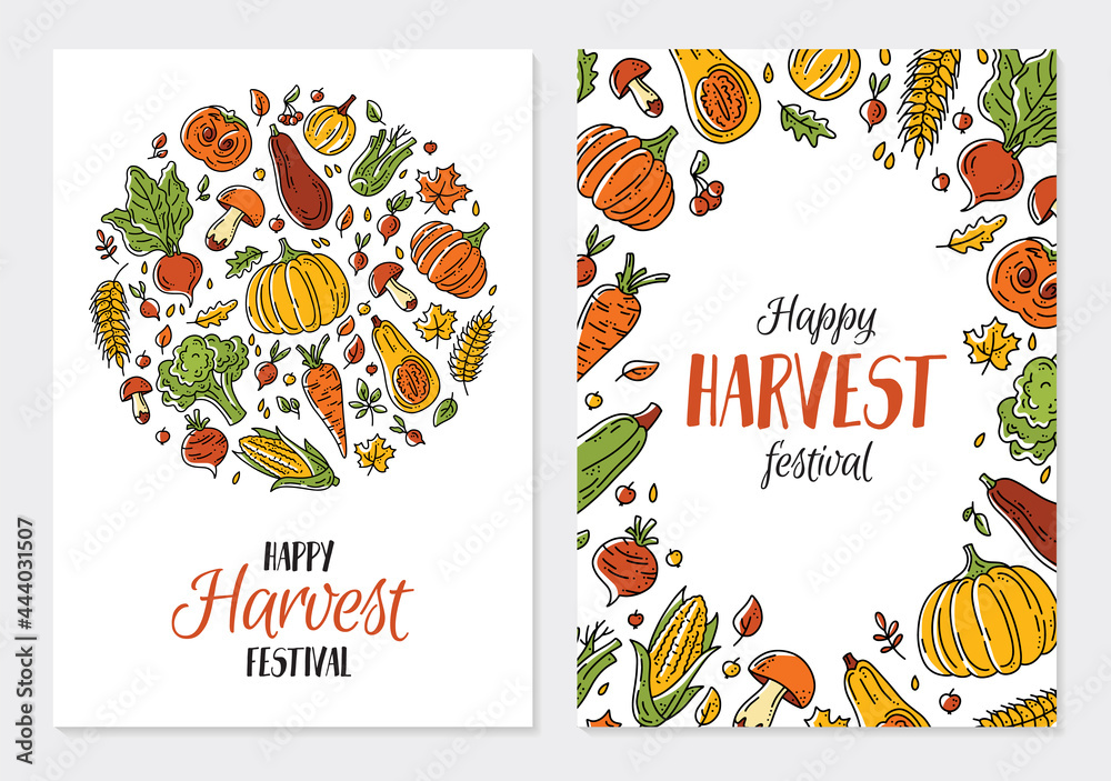 Happy autumn harvest festival vector flyer or poster template. Cards for printing with orange vegetables and leaves in the doodle style, pumpkins, mushrooms and corn.
