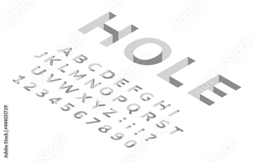 Isometric hole font. 3d perspective alphabet, modern geometric cubic typeface. Deep holes in floor effect letters, numbers, symbols vector set. English or latin lettering, punctuation marks
