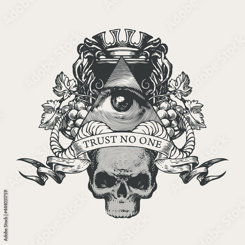 Vector coat of arms with Masonic symbol All-seeing eye of God, crown, grapes, rams horns and sinister human skull. Black-white banner in retro style with eye of Providence and inscription Trust no one